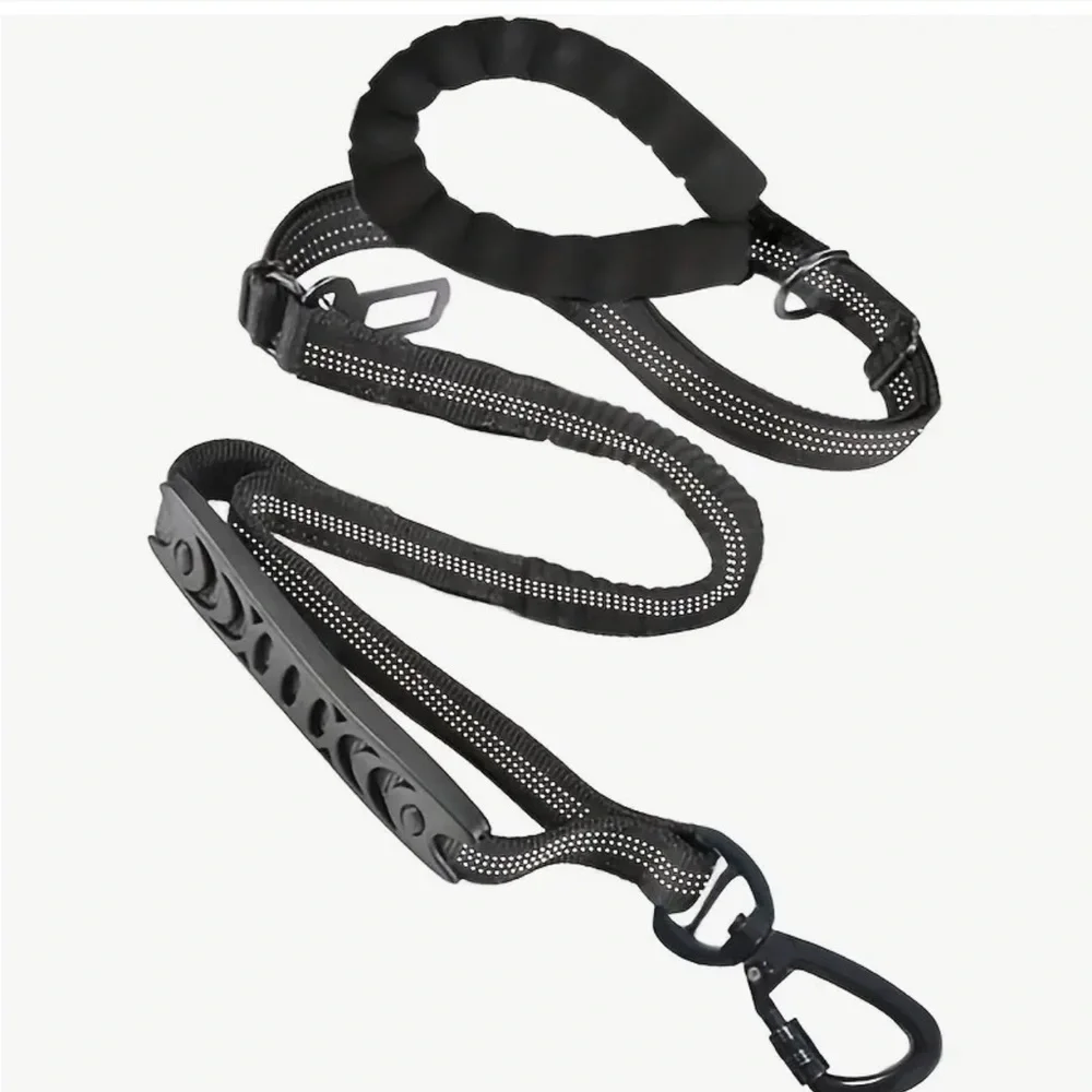 Reflective Black Padded Dog Leash w/2 Handles- Car Clip & Bonus Waste Bag Holder